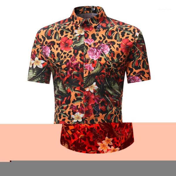 

leopard striped print shirts flowers vintage men blouse hip hop boy party wear short sleeve blusa summer beach casual 3xl1, White;black