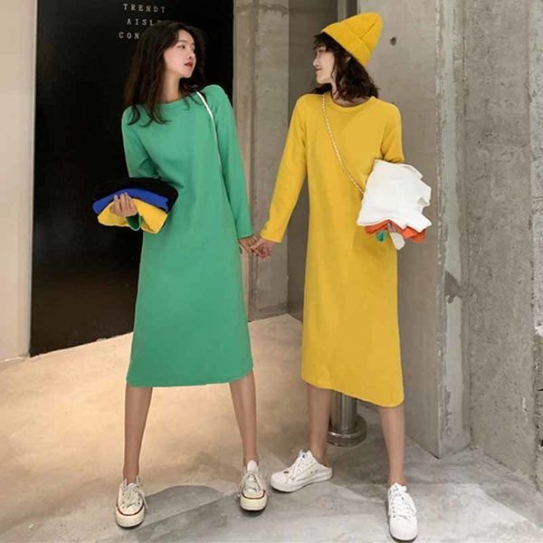 

long sleeve long sleeve spring and autumn dress, medium length skirt, spacious korean style, Black;gray