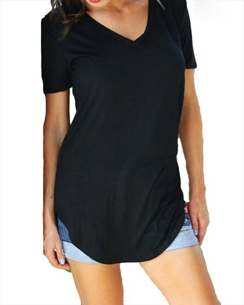 

summer t shirt large sizes women t shirt solid v neck short sleeve rounded hem long tshirt casual female tunic, White