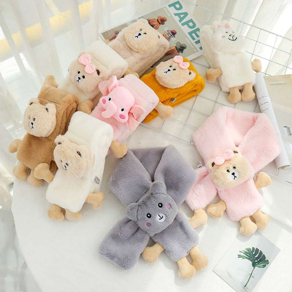 

winter plush new children's scarf thickened imitation rabbit baby collar cartoon bear warm neck cover, Red;brown