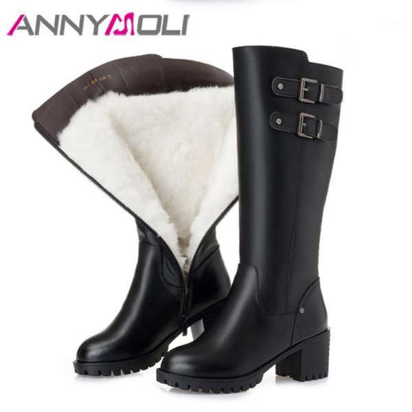 

boots annymoli genuine leather real wool fur platform high heel knee women shoes zip buckle block heels lady long 431, Black