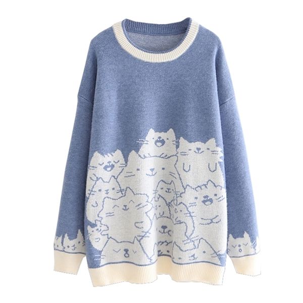 

merry pretty cartoon cat embroidery knit jumper autumn winter womens harajuku pullover sweater o-neck long sleeve pullovers 201222, White;black