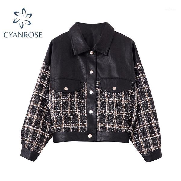 

short jacket for women winter warm clothes casual vintage single breasted patchwork pu leather jackets female outerwear1, Black;brown