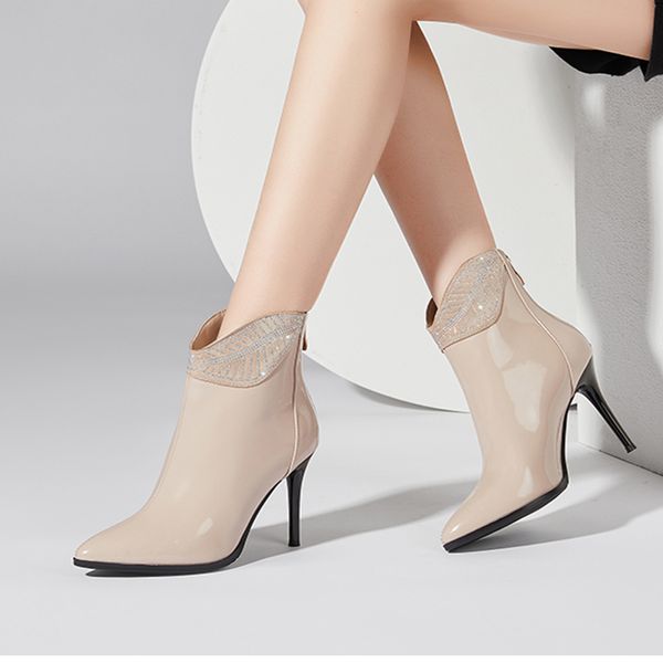 

genuine leather super high heels women boots dress party shoes rhinestone shoes woman night club ankle boots woman, Black