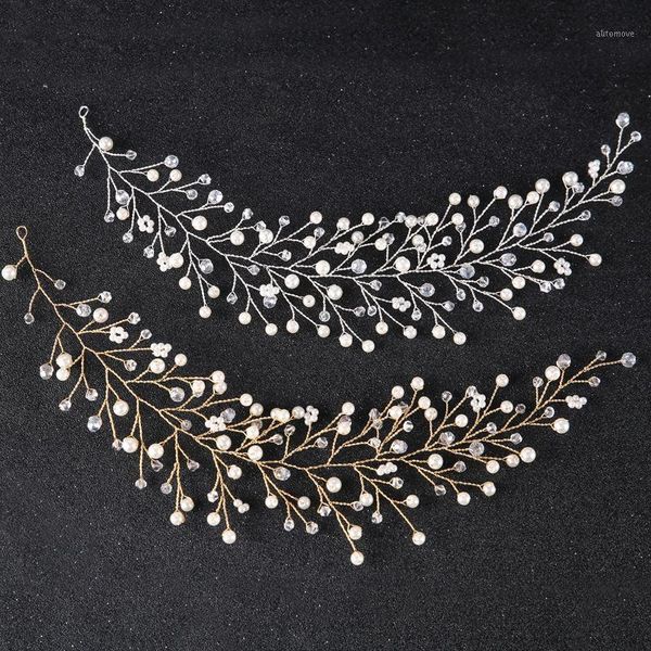 

silver color hair vine pearl crystal bride headdress beads head piece wedding hair decoration handmade bridal soft jewelry1, Golden;silver