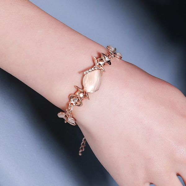 

link, chain korean style opal bracelet for women rose gold color vintage leaf wedding female party anniversary bohemian jewelry, Black
