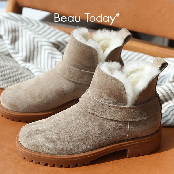 

beautoday women snow boots genuine leather round toe platform brand female winter wool ankle boots handmade 03280201103, Black
