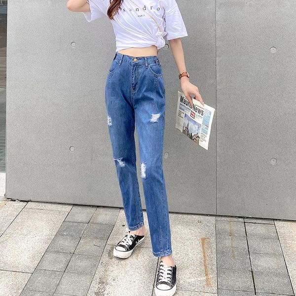 

2021 plus size l-8xl ripped jeans for women casual trousers high waist pants ankle-length harem pants femme 6xl 7xl 8xl, Blue