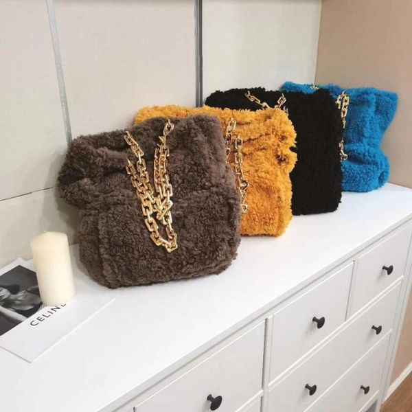 

winter women wool plush handbag large capacity tote bag lady woven messenger bag chain underarm girls retro shopping