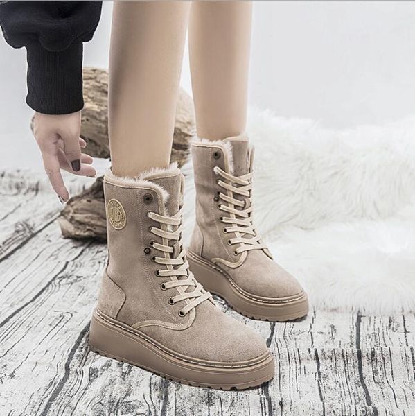 

winter genuine leather short boots women's casual snow boots wedges warm plush lace up cotton shoes platform women's, Black