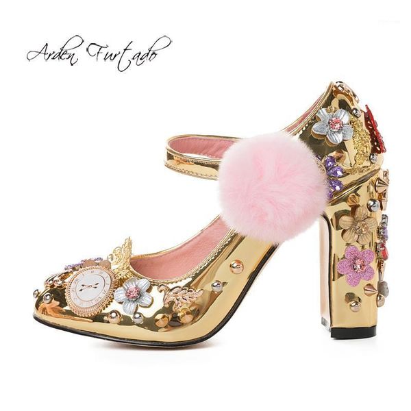 

dress shoes arden furtado spring autumn fashion women's chunky heels ethnic sweet elegant buckle strap fur ball pumps big size 42 431, Black
