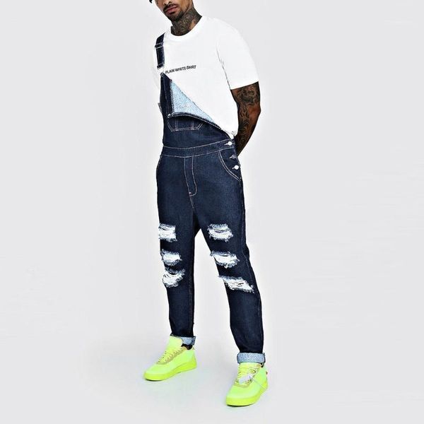 

high street overalls jeans men fashion hole pocket slim fit denim jumpsuits casual pockets streetwear suspender distressed jeans1, Blue