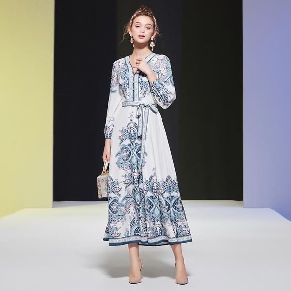 

casual dresses long dress spring autumn bohemian v-neck print women's vintage fashion belt runway party, Black;gray