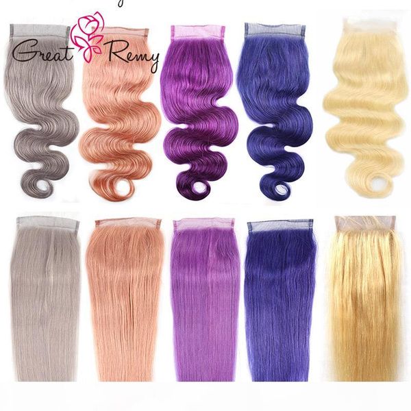 

greatremy 8a straight human hair closure body wave blonde pink purple blue gray colorful lace closure, Black;brown
