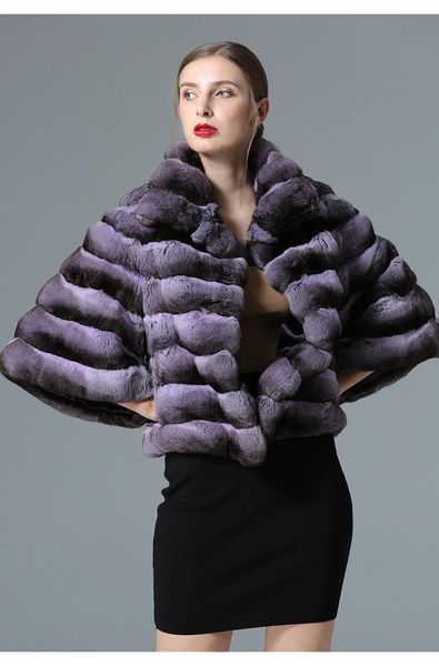 

fursarcar 2021 new blue real rax fur coat women warm fashion outerwear flare half sleeve with pocket mandarin collar, Black