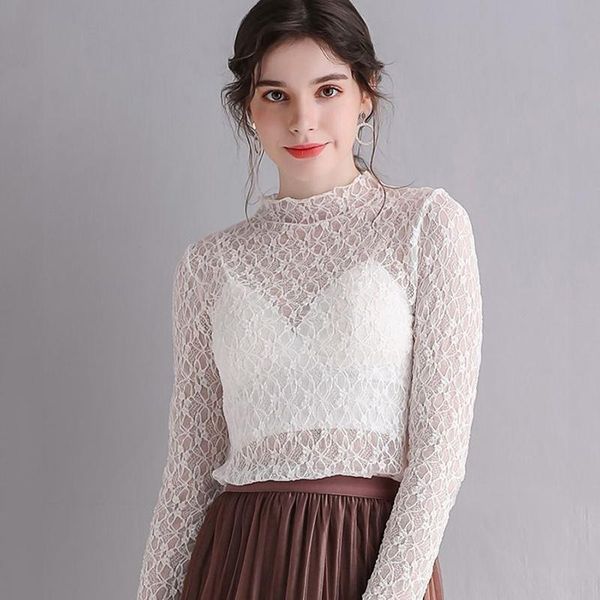 

women's t-shirt fashion women lace shirt see-through long sleeve mesh plus size spring summer elastic skinny, White