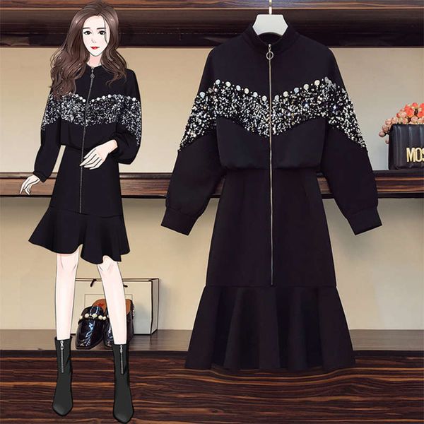

large size women's dress autumn and winter 2020 new style shows thin foreign style, age reducing fashion temperament, meat covered fish, Black