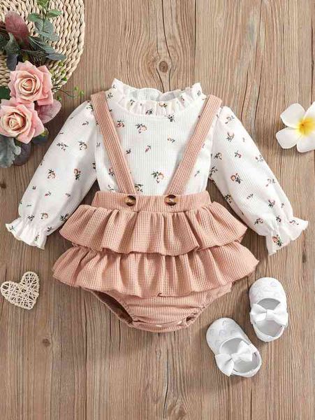 

baby floral print flounce sleeve & ruffle trim pinafore shorts she, Blue