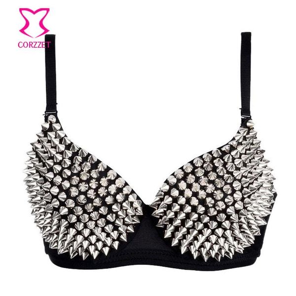 

silver metallic rivet studded bra lingerie bralette push up bra gothic punk rave bras for women underwear brasier mujer, Red;black