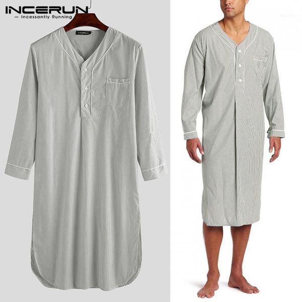 

2020 men striped sleep robes v neck button long sleeve casual comfortable pajamas bathrobes mens homewear nightgown incerun 5xl1, Black;brown