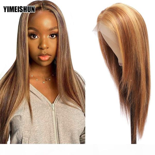 

28 30 inch highlight straight wig 13x4 lace frontal human hair wig brazilian remy 4x4 lace closure wigs middle part front, Black;brown