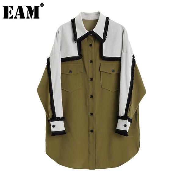 

women's blouses & shirts [eam] women pattern printed big size long blouse lapel sleeve loose fit shirt fashion tide spring autumn 2021, White