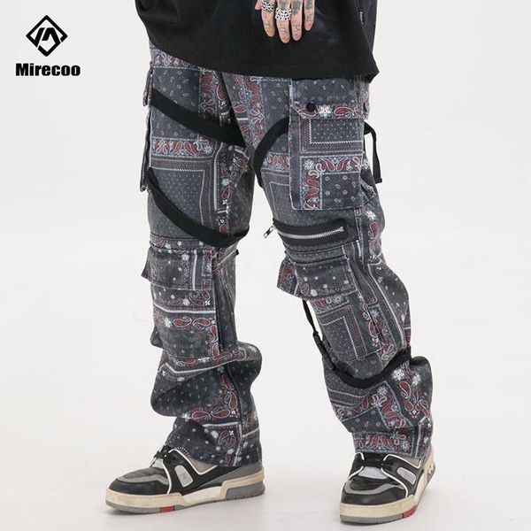 

paisley pattern baggy jeans pants men ripped biker straight jeans for men clothe harajuku denim pants 2020 fashion streetwear, Blue