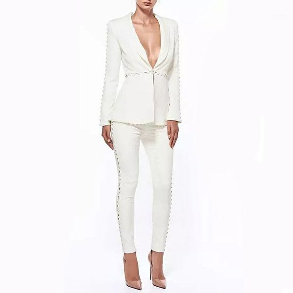 

2018 autumn formal white jacket+pants white women elegant business suits single button blazer female office trouser pant suits1, White;black