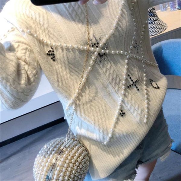 

2019 women sweaters and pullovers pullover women sweater new winter heavy beaded pearl inlaid lazy high collar wind woman wool1, White;black