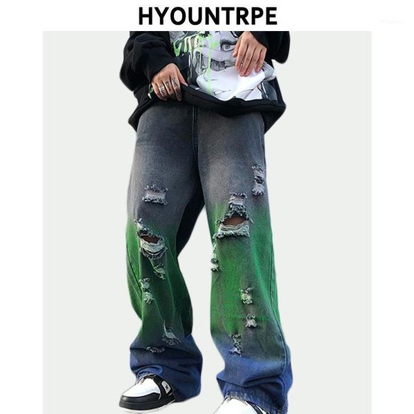 

mens hip hop denim wide leg pants casual straight ripped holes streetwear jeans trouser autumn winter new loose joggers pants1, Blue