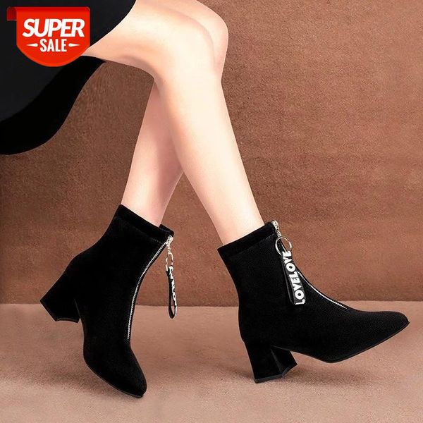 

2020 new ladies letter high-heeled boots shallow pointed toe suede ankle boots for women winter zip dress thick heel women #cz8h, Black