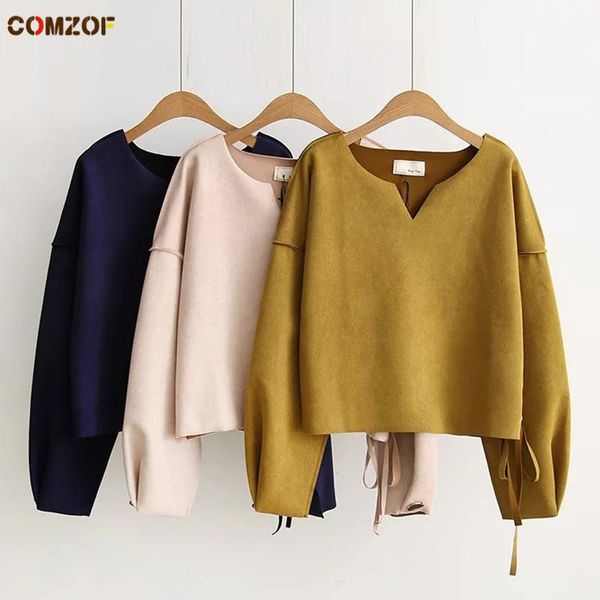 

women and blouses new fashion korean v-neck loose lantern sleeve lace-up suede shirt women blusas y camisas mujer, White