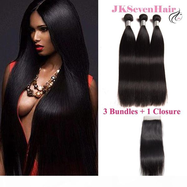 

grade 12a brazilian straight hair bundles 3pcs with 4x4inch lace closure malaysian peruvian virgin hair wefts with baby hair closure, Black