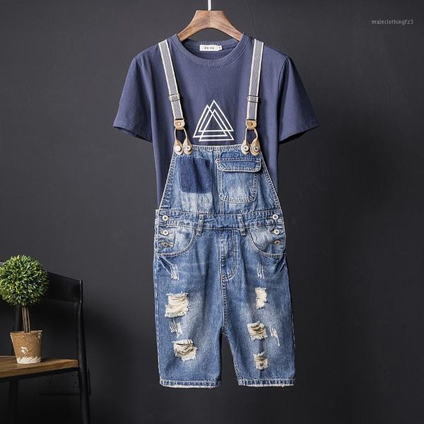 

men's jeans boys summer casual knee length jumpsuits hole ripped zipper mens shorts streetwear washed denim suspenders1, Blue