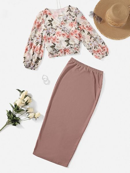 

balloon sleeve floral print & skirt set j0ts#, White