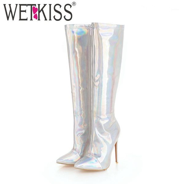 

wetkiss mirror pu high heels women boot pointed toe mix color footwear knee high female boots shoes woman winter plus size 481, Black