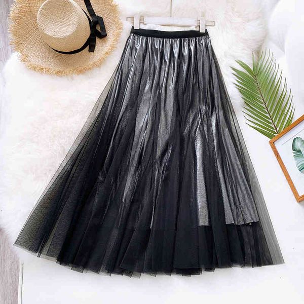 

shiny mesh elastic high waist women summer pleated skirt jupe femme saia nral, Black