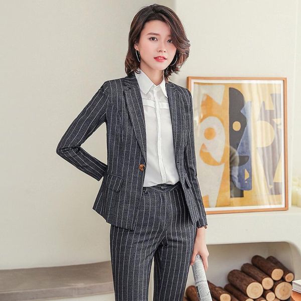 

temperament women striped pant suits business office lady work uniforms formal pants blazer sets two piece female plus size1, White;black