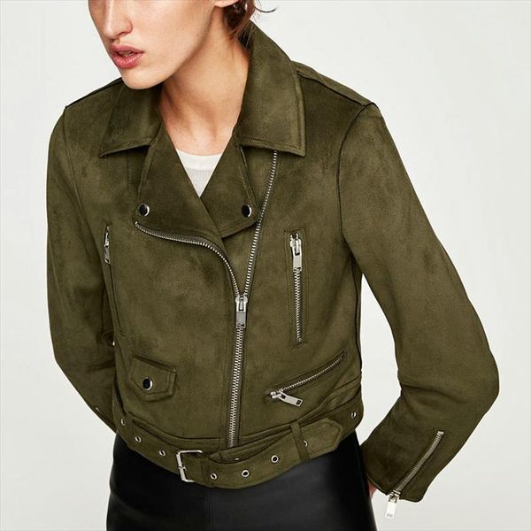 

2020 new fashion autumn winter women soft suede faux leather jackets and coats lady matte cute zippers belt dark green outerwear, Black