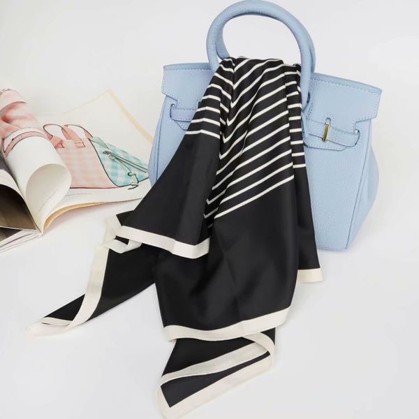 

new ladies mature scarf temperament lady style simple korean black and white stripe small scarf bag handle ribbon silk scarf, Blue;gray
