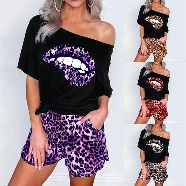 

womens 1 shoulder 2 piece outfit set clubwear lips print t shirts bodycon shorts tracksuit set, Gray