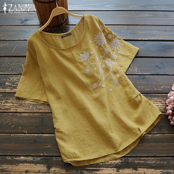 

zanzea vintage embroidery women's summer blouse kaftan linen short sleeve tee shirts female o neck blusas s-5xl tunic y200622, White