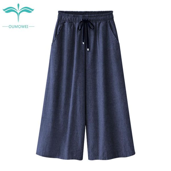 

oumowei high waist jeans women loose casual plus size wide leg pants summer new arrival cotton ankle-length pants 5xl 6xl, Blue