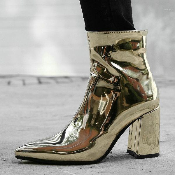 

silver gold black pointed toe ankle boots for women patent leather thick heel boots ladies party winter women short1