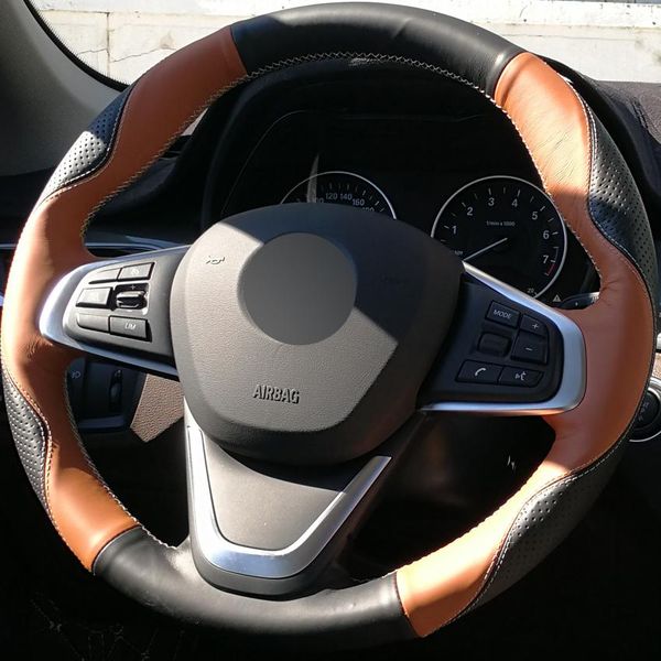 

new pattern diy hand-stitched black brown genuine leather car steering wheel cover for bmw 220i 218i 225xe