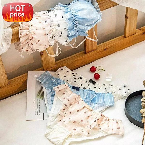 

japanese cute lingerie for small chest wire ultra-thin bra and panty set star print bra brief thong underwear lingerie #hu6m, Black;white