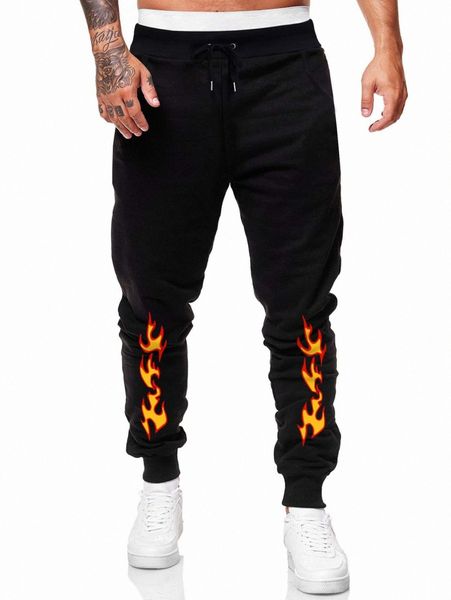 

romwe guys fire graphic drawstring sweatpants t2ax#, Black