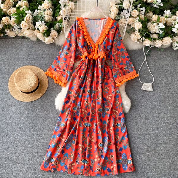 

2021 new vintage bohemian female maxi floral printing the line dressed in autumn elegant summer wear long dress 2n5q, Black;gray