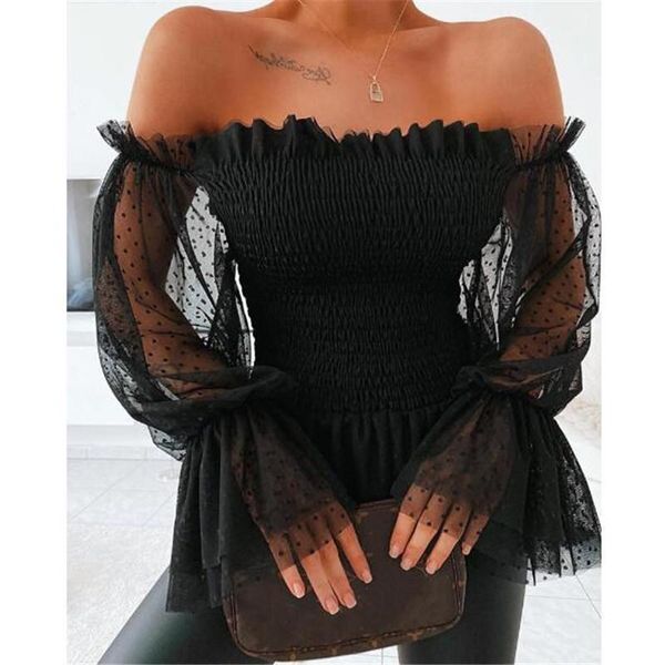 

women's blouses & shirts women high street pure color off shoulder puff long sleeve ruffled ladies blouse streetwear sweet mesh, White