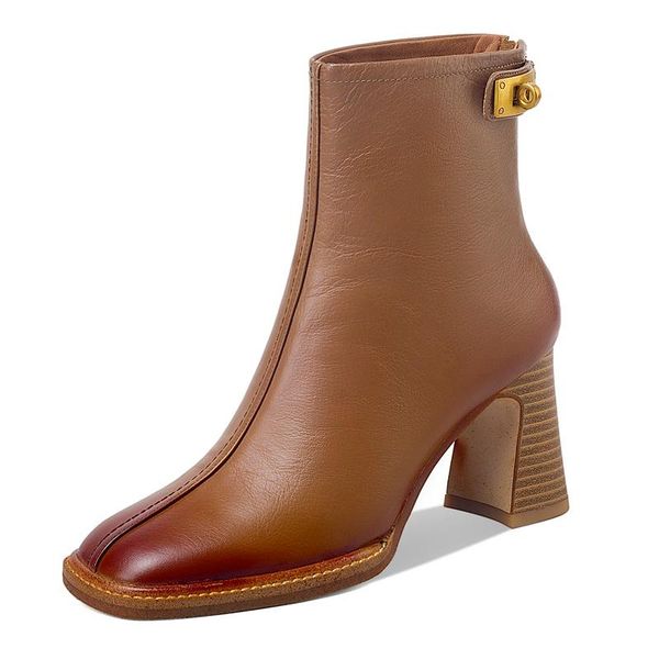 

boots brand women ankle shoes high heels round toe genuine leather black brown dress party working woman short